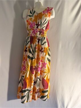 NWT - Charlies Floral White Maxi Dress with Yellow, Pink & Green Accents
